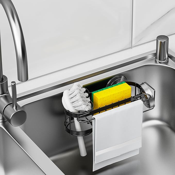 Cisily Kitchen Sink Caddy Sponge Holder in The Sink, Suction cup-Black