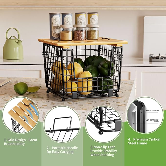 Wire Storage Basket for Kitchen Pantry: GGIU Stackable Kitchen Counter Organizers - Wire Organizing Bin for Produce Fruit Vegetable Potato and Onion Black