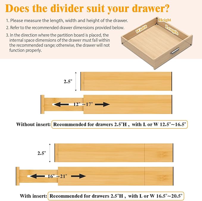 Bamboo Drawer Dividers, 12-21" Adjustable Drawer Organizers for Clothes, 5-Pack
