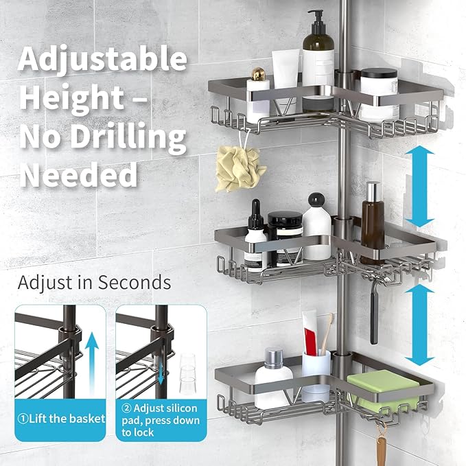Corner Shower Caddy Tension Pole with Soap Dish & Razor Holder