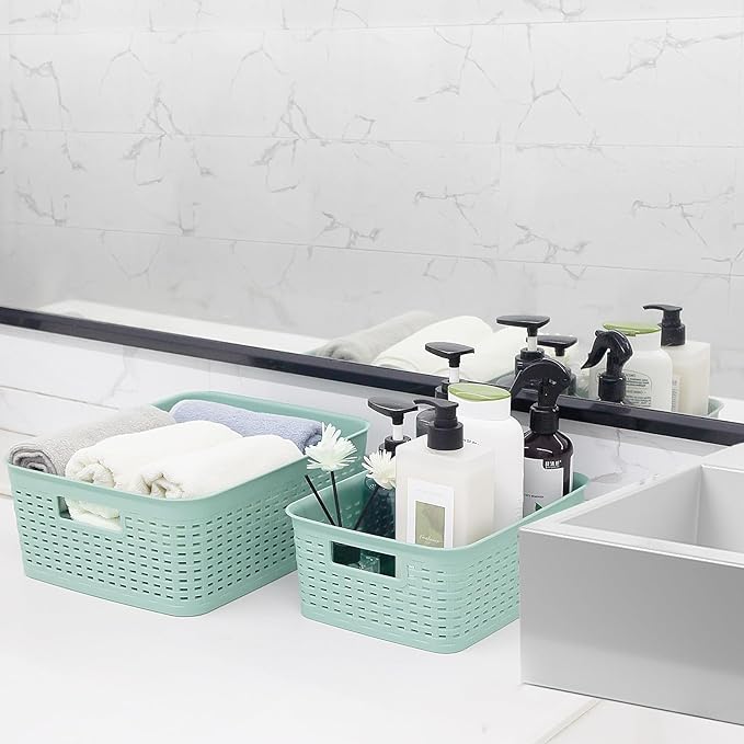 Soddeph Plastic Storage Baskets for Cabinets, Household Pantry Organization with Handle,Organizer Bins for Room,Bathrooms,Under-Sink,Kitchen (Green, M-3PACK)