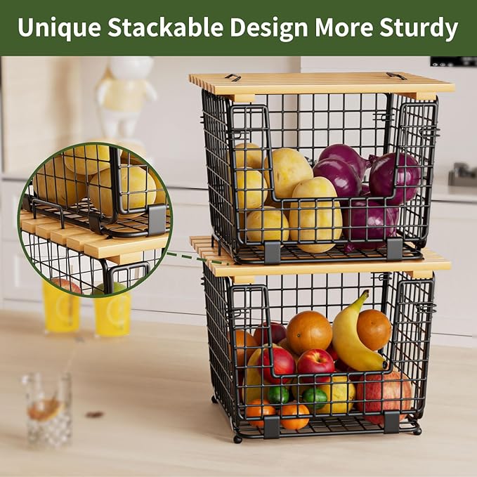Wire Storage Basket for Kitchen Pantry: GGIU Stackable Kitchen Counter Organizers - Wire Organizing Bin for Produce Fruit Vegetable Potato and Onion Black