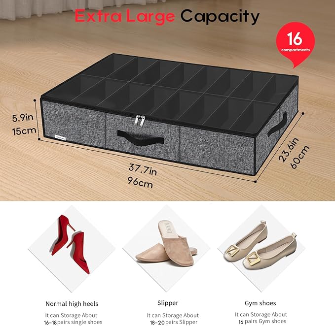 Sturdy Under Bed Shoe Storage Organizer with Handles and Clear Window Fit 16