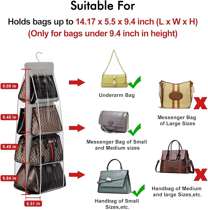 Lirex 8-Pocket Hanging Purse Organizer for Closet - Oxford Cloth Storage System with Double Layer Protection (39.37" x 13.38"),Grey