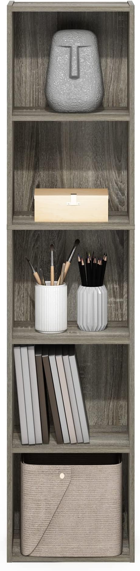 Furinno PASIR Book Shelf, 5-Tier Tall Narrow Bookshelf, Open Shelves Bookcase