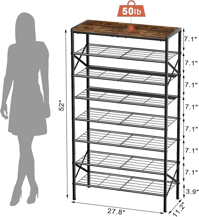 8-Tier Tall Shoe Rack Organizer Shoe Storage for Entryway 24-32 Pairs Metal Shoe Rack for Closet Heavy-Duty Shoe Rack with Wooden Top Shelf for Garage Rustic Brown