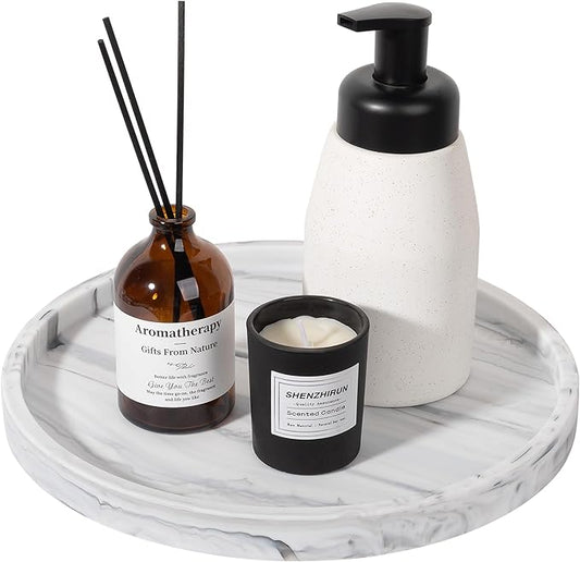 Silicone Bathroom Tray Round Vanity Tray Decorative Soap Holder Kitchen Countertop Organizer Coffee Table Decor for Candle, Perfume, Plant, 10 Inch, Marble Grey