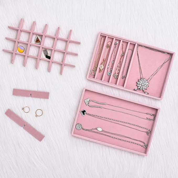 ProCase Stackable Jewelry Organizer Trays for Drawers, Jewelry Drawer Inserts Container Display Case Storage for Earring Necklace Rings Bracelet with Removable Dividers -Dustypink, 4 Layers