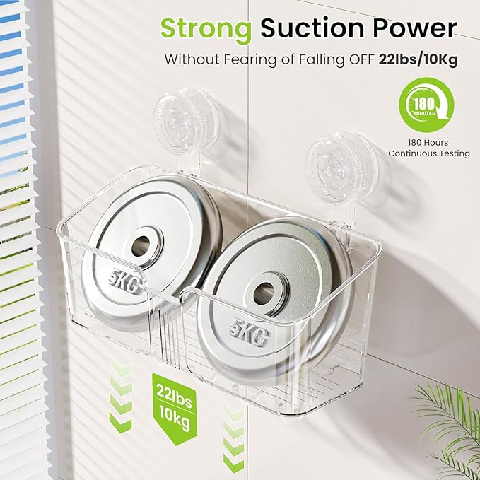 LUXEAR Shower Caddy Suction Cup, No Drilling Strong Hold Shower Organizer with Hooks & Soap Dish Fast Draining Removable Reusable Bathroom Storage Shelf Friendly for Bathroom/Kitchen/RV 22LBS Capacity
