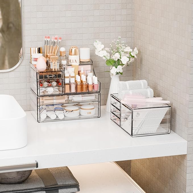 3 Pack Clear Makeup Organizer Countertop for Dresser
