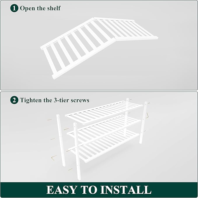 Smiry Bamboo Shoe Rack for Closet, 3 Tier Long Wooden Shoe Organizer, Stackable Wood Shoe Storage Shelf for Entryway, 14 Vertical Slats, One-piece Heavy-Duty Legs, 33.86"x11.02"x18.31", White