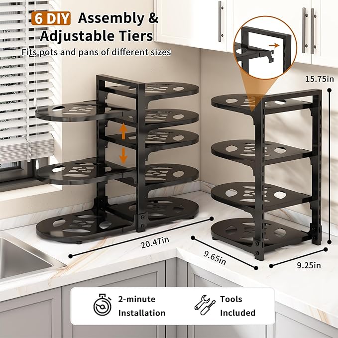 Adjustable Heavy Duty Pots and Pans Organizer Under Cabinet, Black