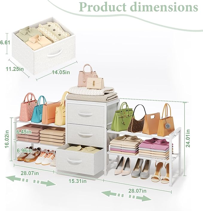 Cidaziya Expandable Closet Organizers and Storage,Wide Long 3 Drawer Dresser,White Fabric Storage Dresser, Clothes Shelves for Kids, Purse Organizer Small Shoe Rack for Closet Bedroom(47.24~71.47in)