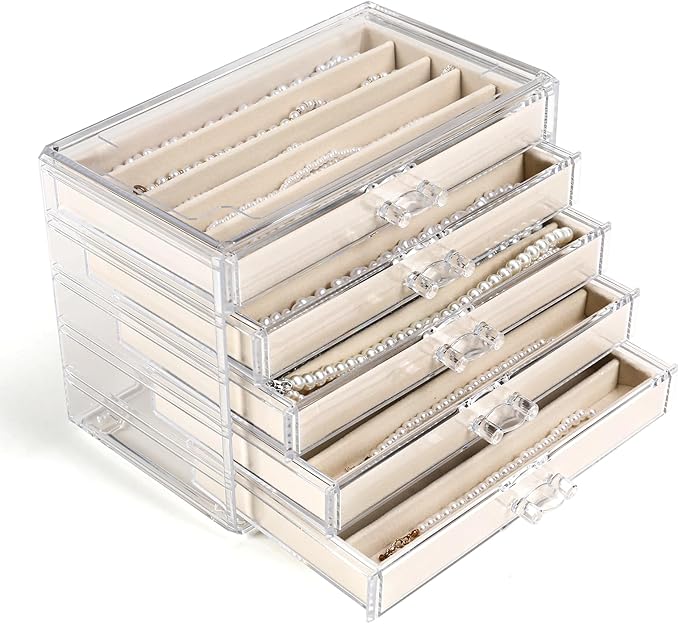 5 Drawers Necklace Organizer Storage, Tray with Clear Lid, Dustproof Velvet Necklaces Holder Storage Display Case, Necklace Tray Drawer Insert for Pendant Suitable for Women and Girls (25 grids)