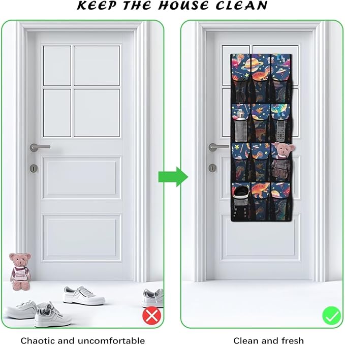 Dinosaurs Over the Door Shoe Organizer Space Saving Hanging Shoe Rack Holder with 12 Pockets Large Capacity Behind the Door Storage for Classrooms, Bedrooms, Dormitories