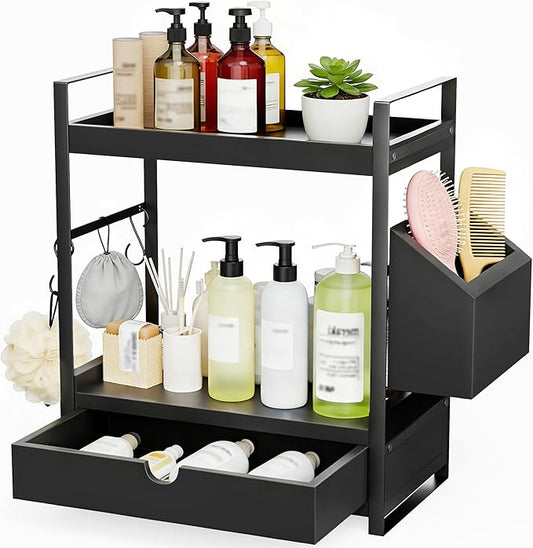 2-Tier Bathroom Counter Organizer with Drawer, Basket & Hooks, Black