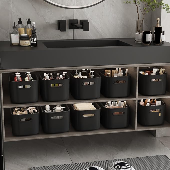 ORGIDOL 12 Pack Black Plastic Storage Bins, Storage Container for Organizing, Storage Boxes with Handle for Shelves, Cute Organizer Bins for Craft, Snacks, Pantry, Cabinet, 8.7x6.7x5.66inch