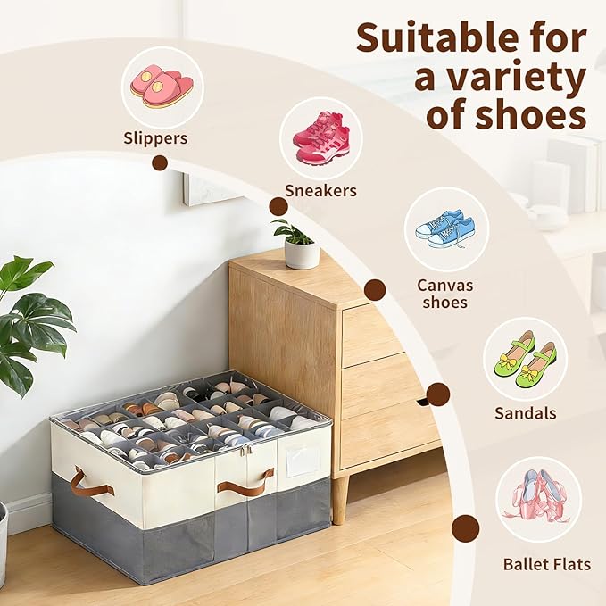【Upgraded Larger Capacity】Shoe Organizer for Closet Fits 12-24 Pairs with Adjustable Dividers, Large Foldable Shoe Storage Box Bin with Clear Lid & 4 Handles, Plus 2 Mesh Pockets and Category Label