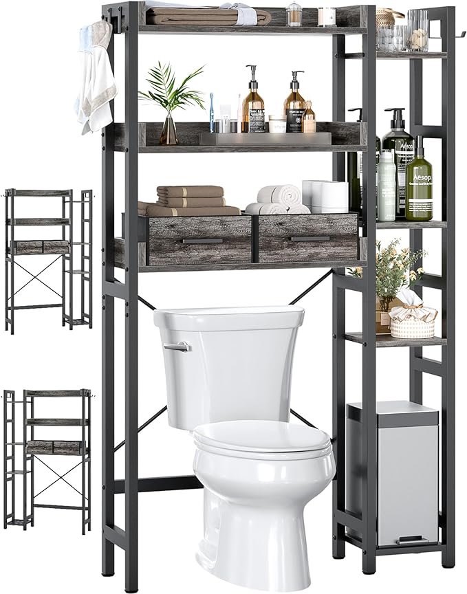 Besiost Over The Toilet Storage with 2 Drawers - 7 Tier Bathroom Organizer with Adjustable Shelf, Freestanding Space Saver Storage Rack Above Toilet Stand with 4 Hooks for Restroom, Laundry, Grey Oak
