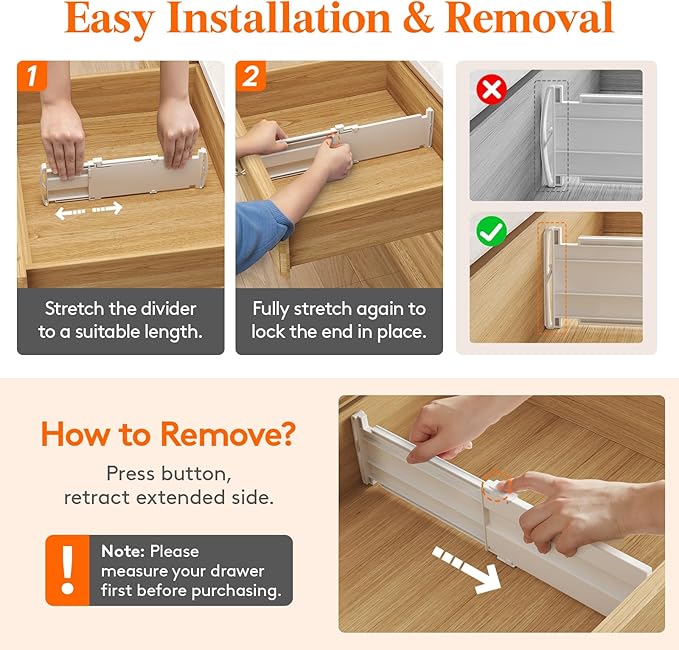 Lifewit 5 Pack Drawer Dividers for Clothes, 4" High 10.5"-16.5" Expandable Dresser Drawer Organizers, Adjustable White Plastic Separators for Kitchen, Cabinet, Nursery, Socks & Underwear Storage