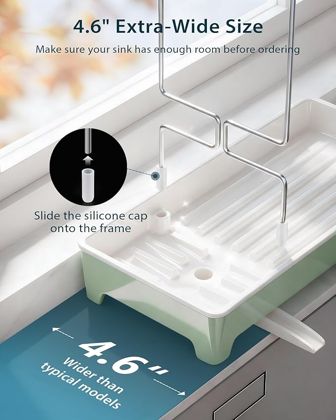 Minimalist Sink Caddy, Rustproof Sponge Holder for Kitchen Sink with 304 Stainless-Steel Brush Holder, Countertop Rack Organizer with Raised Ridges & Silicone Drain Tube (Mint Green, Large)