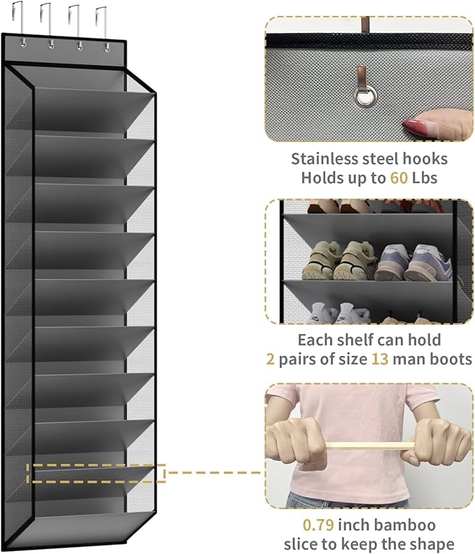 10 Tiers Mesh Over Door Shoe Organizer Storage, Grey