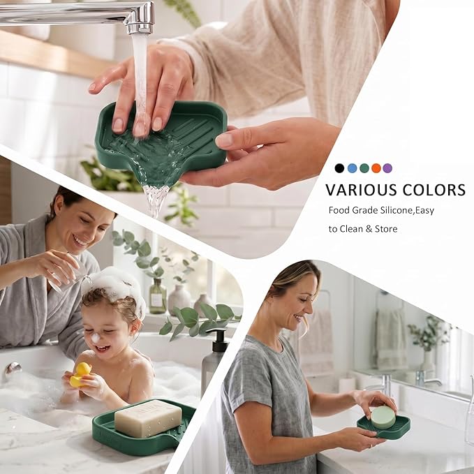 MicoYang Silicone Soap Dish with Drain Spout — Self-Draining Sink Organizer Tray for Bathroom & Kitchen, Holds Bar Soap, Sponges & Dispensers, Non-Slip & Dishwasher Safe, Green (Small, 4.9"×3.2")