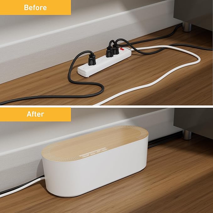 D-Line Cable Management Box with 6 AC Outlet 6ft Power Strip, Hide Extension Cords and Excess Wire Clutter, 16.5in (L) x 4.5in (H) x 5in (W) - Large, White with Wood-Lid