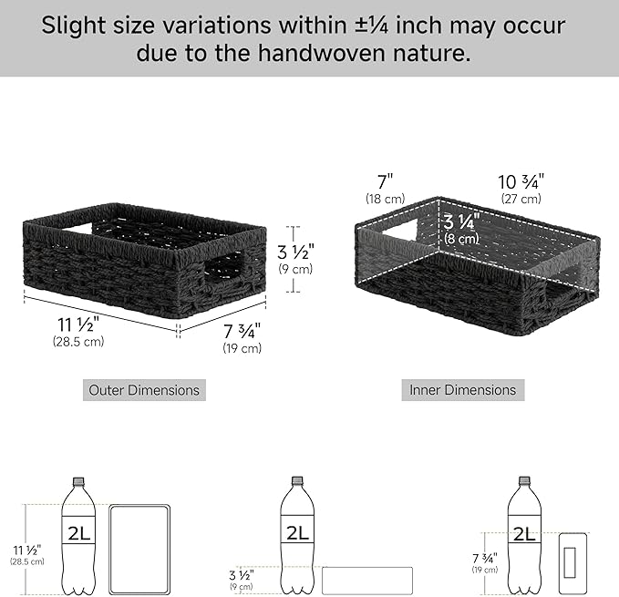 StorageWorks Paper Rope Storage Baskets, Small Wicker Basket for Organizing, Pantry Organizers and Storage, Black, 2-Pack