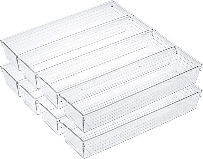 Kingrol 10 Pack 12 x 3 x 2 Inch Clear Drawer Organizer Trays, Desk Drawer Divider Storage Bins, Storage Box Set for Kitchen Bathroom Office Supplies