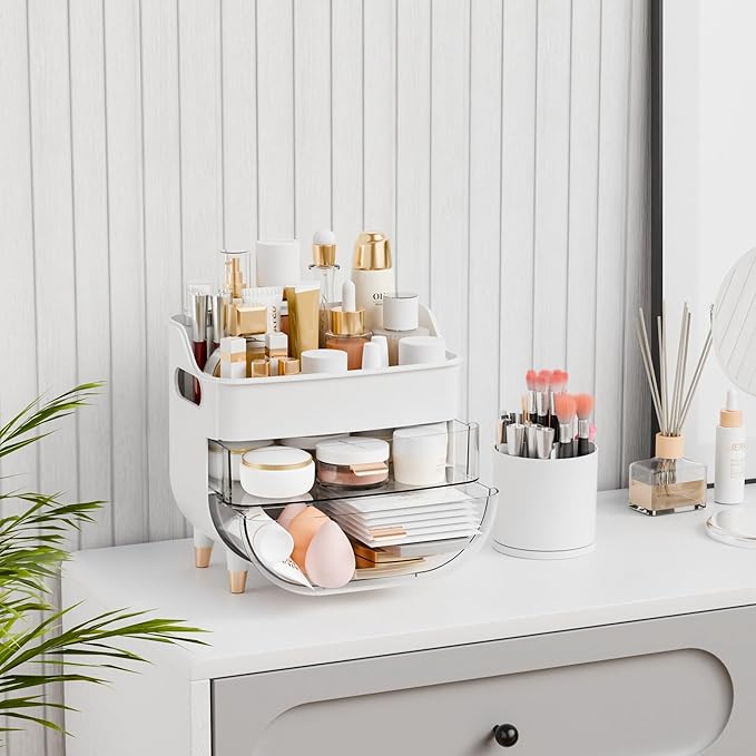 Yieach White Make up Organizer for Countertop,Vanity,Large Capacity Bathroom Makeup Skincare Organizers With Brush Holder,Makeup Storage Organizer for Lotion,Beauty Products,Skin Care,Makeup Display