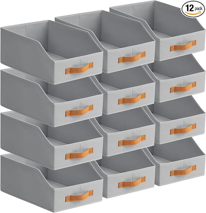 Homsorout Fabric Storage Bins for Organizing - 12 Pack Large Trapezoid Collapsible Storage Bins with Front Handle, Closet Organizers and Storage for Bedroom, Home Shelves, Small Spaces, Grey