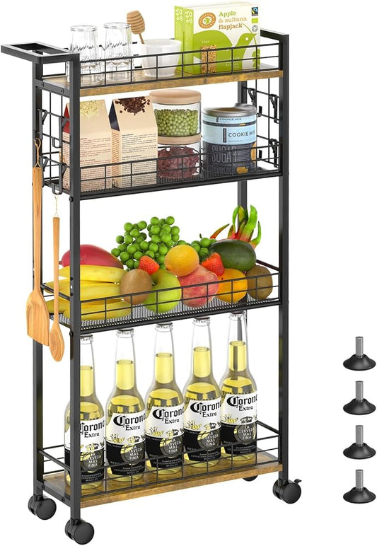 Slim Storage Cart with Wheels, Black and Rustic Brown