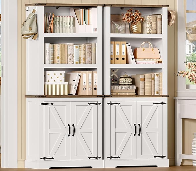 TEENFON 70.9in Tall Storage Cabinet with Adjustable Shelves, Kitchen Pantry Cabinet with 2 Barn Doors, 5 Tiers Farmhouse Bookcase for Living Room, Kitchen, Home Office, Bedroom, White