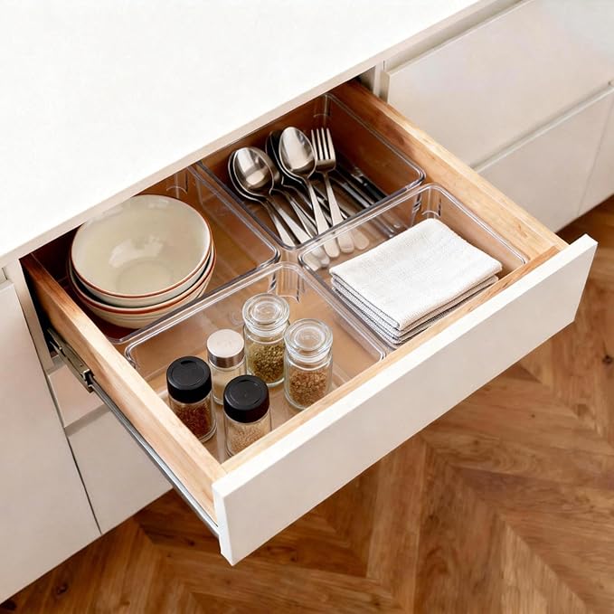 6 Pcs Large Clear Plastic Drawer Organizers Tray 6" x 6" Storage Bins with 25