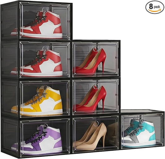 Large Shoe Boxes Clear Plastic Stackable, 8 Pack Drop Side Shoe Storage Organizer with Magnetic Door, Shoe Container Sneaker Storage Display Case Fit up to US Size 13 Black