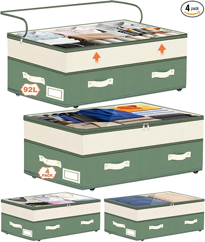 Dolicer 4 Pack Under Bed Storage with Wheels, Green