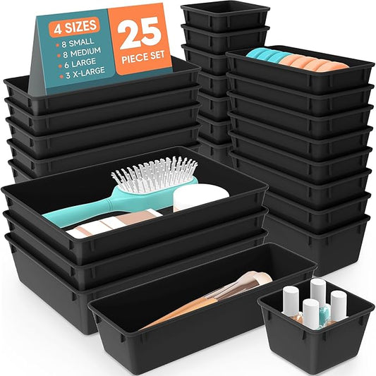 25 PCS Plastic Drawer Organizer Set, Deep Black