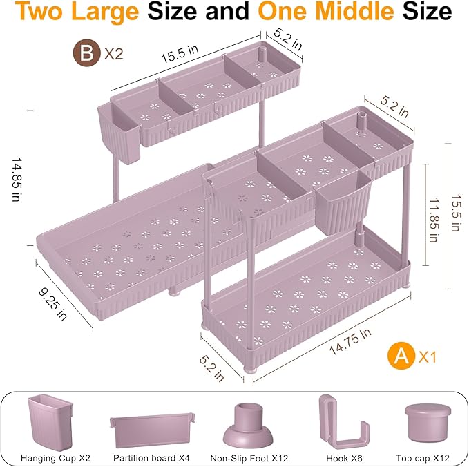 Sevenblue 3 Pack Multi-Purpose Pull-Out Storage Organizers, 2-Tier L-Shaped Under Sink/Cabinet Organizers and Storage for Bathroom & Kitchen,Pink,14.85 Inch