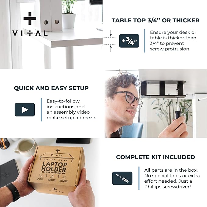 VI+AL Under Desk Laptop Mount - Hidden Metal Shelf with Side Storage, Hook & Cable Organizer - Installs with Tape & Screws - Fits Devices up to 1.7" Thick - Deluxe