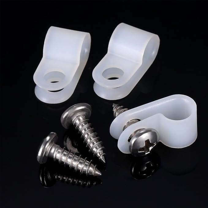 Hicarer 50 Pack R-Type Cable Clip Wire Clamp, Nylon Screw Mounting Cord Fastener Clips with 50 Pack Screws for Wire Management (White,1/4 Inch)