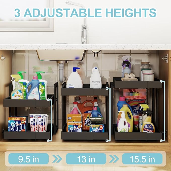 Golener 2-Tier Expandable Pull Out Cabinet Organizer - 21" Deep Pull-Out Drawers for Kitchen Cabinets, 2 Slide Home Storage Organizers, Slide Out Shelves for Base Cabinet Organization in Kitchen,Black