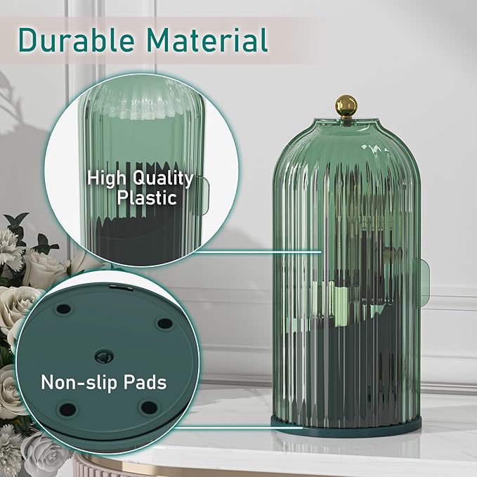 GAXmi Makeup Brush Holder with Lid Cosmetic Tools Organizer 360 Rotating Waterproof Dustproof Beauty Brushes Storage for Vanity, All Green | with Lid