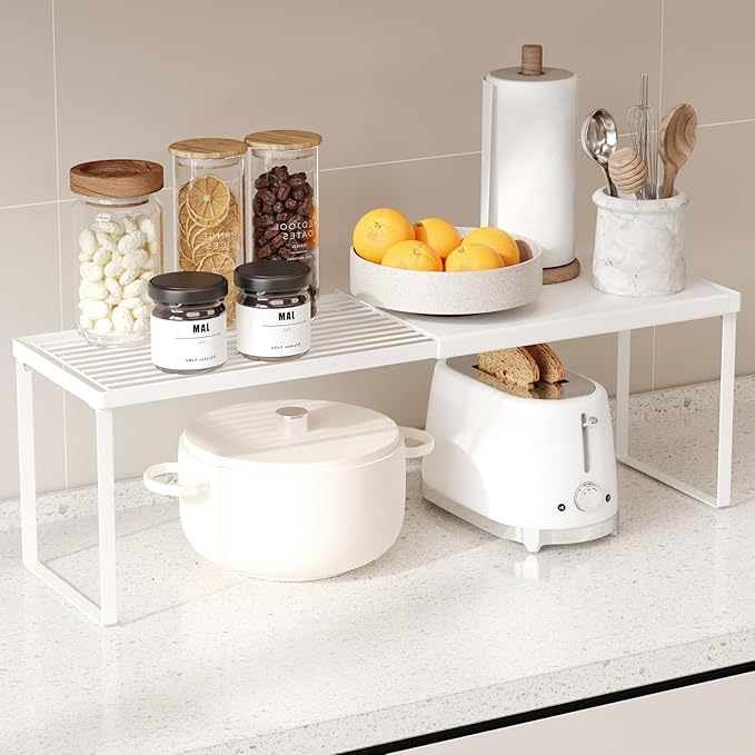 Magheo Expandable Cabinet Shelf Organizer, 1 Pack Stackable Kitchen Counter Shelf Riser, Metal Spice Rack Adjustable Heavy Duty Countertop Organizer Storage for Kitchen, Pantry, Cupboard, Rv (White)