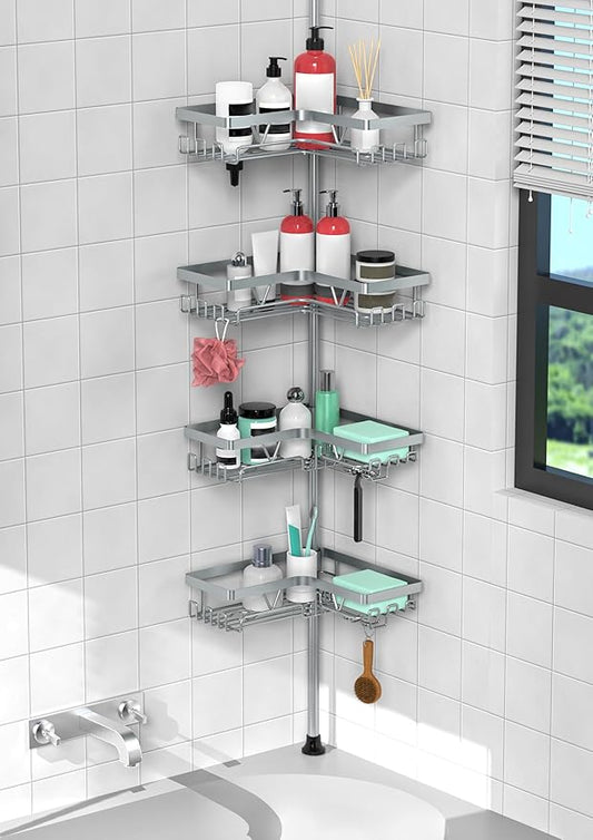 4-Tier Corner Shower Caddy Tension Pole, Adjustable Shower Tension Rod Organizer