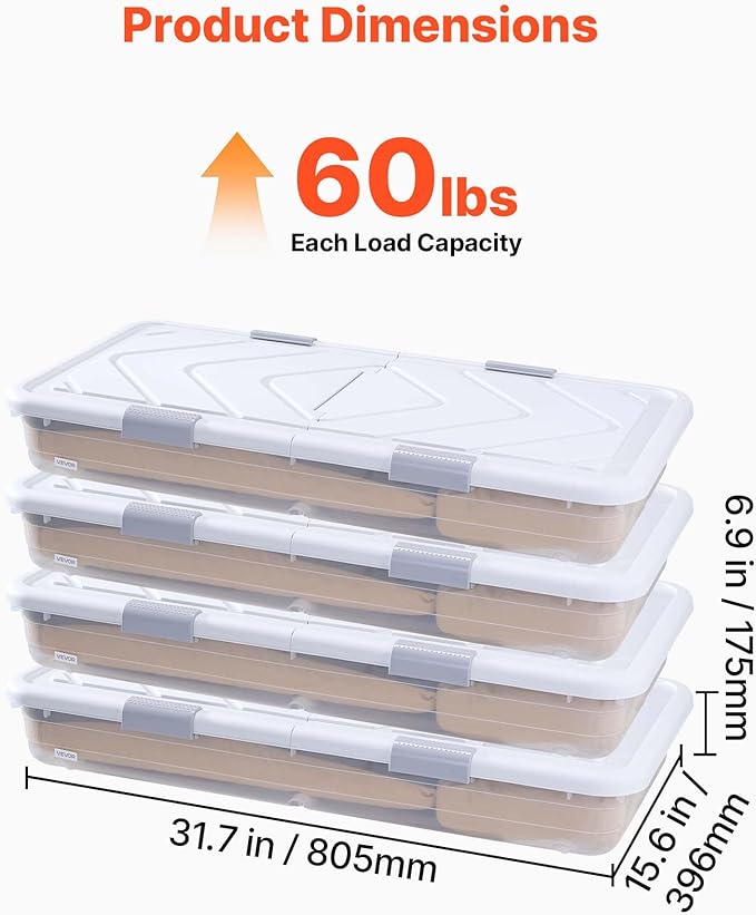 VEVOR Under Bed Storage with Wheels, 31.7 x 15.6 x 6.9 inch Underbed Containers, Underbed Shoes Organizer with Lid & Gray Latch, Rolling Under the Bed Storage Bins for Clothes Shoes Blankets, 4 Pack