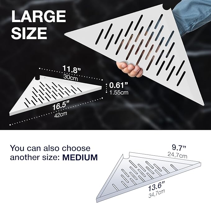 Bathroom Corner Shelves for Shower - Adhesive / Stick / Drill / No Drill - 16" Strong White Floating Corner Shelf for Tiled Wall, Bathroom, Inside Shower Caddy, Shelf Wall Mount Triangular, Organizer