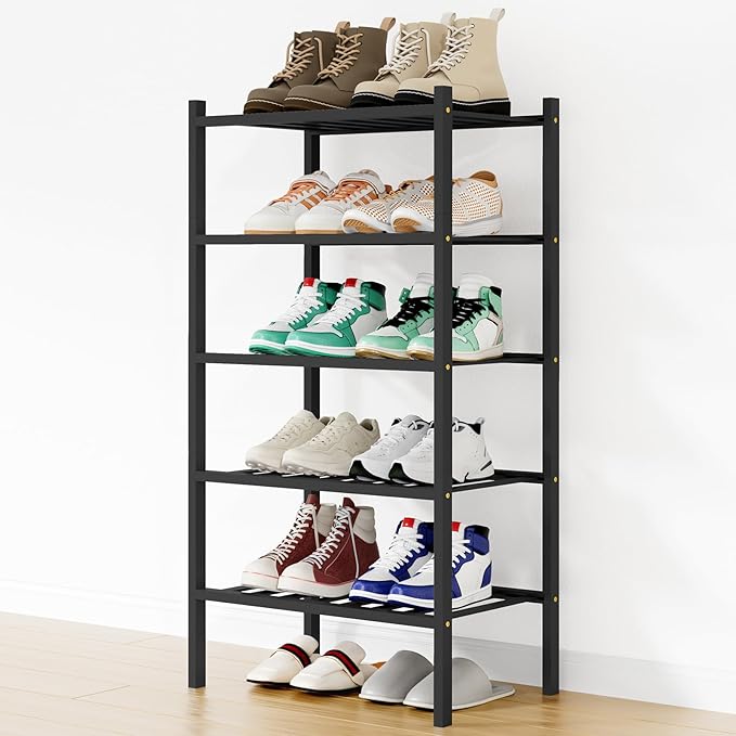 Smiry Small Bamboo Shoe Rack, 5 Tier Free Standing Wooden Shoe Organizer, Stackable Wood Shoe Storage Shelf for Closet, Entryway, 12 Vertical Slats, 2+2+1 Stack Standard Legs, 17.3"x11"x32.5", Black