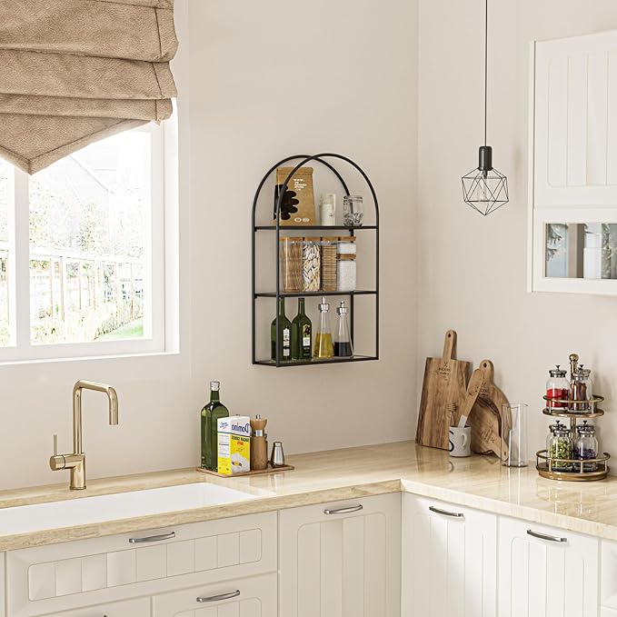 Crofy Black Arched Frame Wall Shelf, Decorative 3 Tier Bathroom Wall Shelf with Transparent Tempered Glass Shelves and Robust Storage Capacity, 5.1" D x 18.1" W x 28.9" H