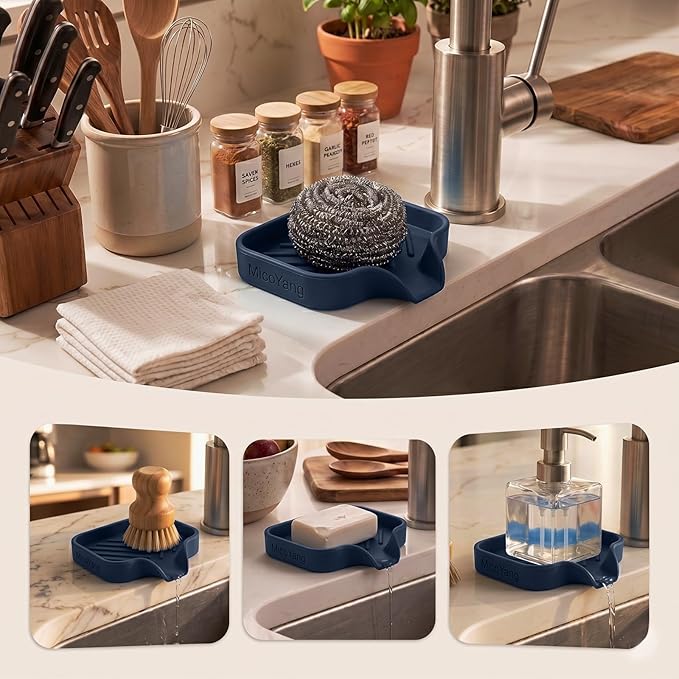 MicoYang Silicone Soap Dish with Drain Spout — Self-Draining Sink Organizer Tray for Bathroom & Kitchen, Holds Bar Soap, Sponges & Dispensers, Non-Slip & Dishwasher Safe, Navy Blue (Small, 4.9"×3.2")